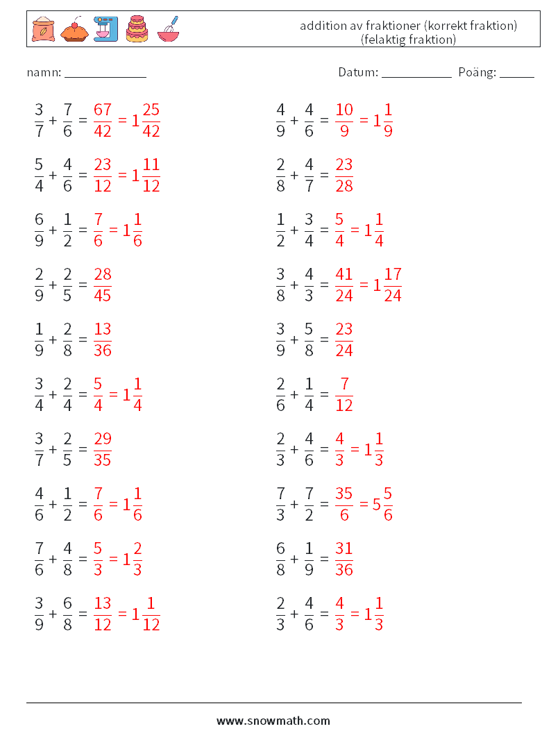 (20) addition av fraktioner (korrekt fraktion) (felaktig fraktion) Matematiska arbetsblad 11 Fråga, svar