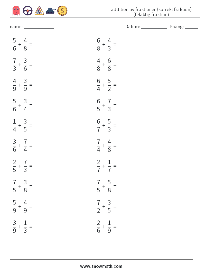 (20) addition av fraktioner (korrekt fraktion) (felaktig fraktion) Matematiska arbetsblad 12