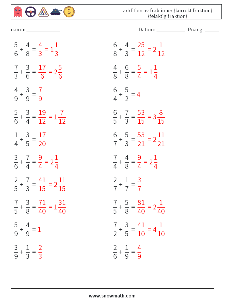 (20) addition av fraktioner (korrekt fraktion) (felaktig fraktion) Matematiska arbetsblad 12 Fråga, svar