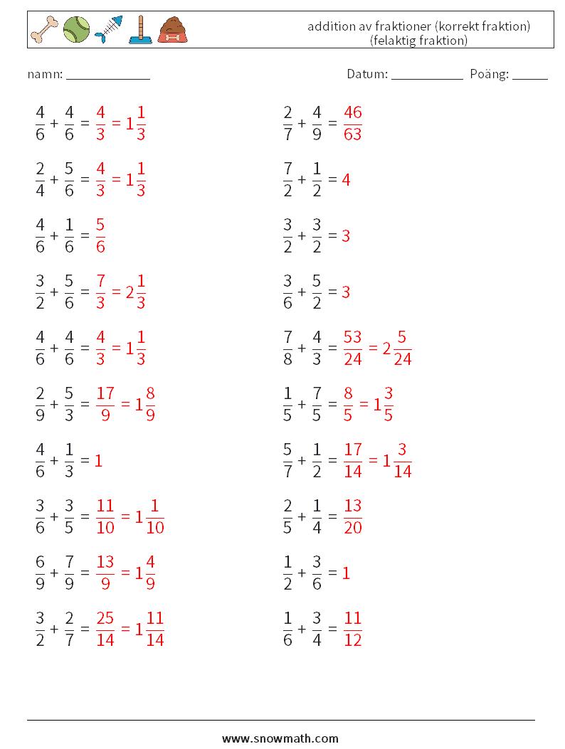 (20) addition av fraktioner (korrekt fraktion) (felaktig fraktion) Matematiska arbetsblad 13 Fråga, svar