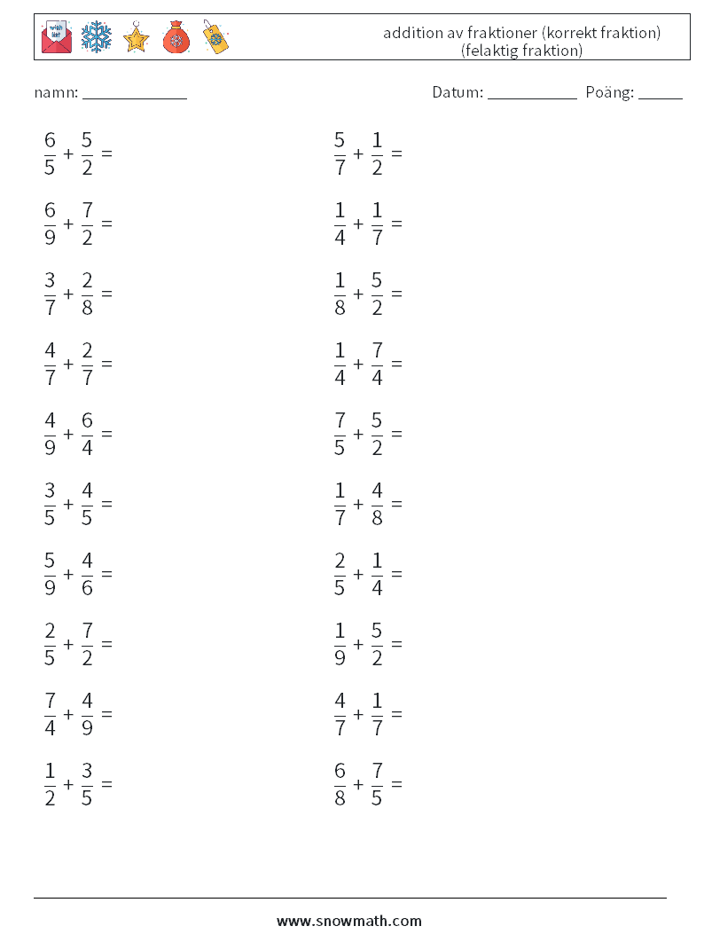 (20) addition av fraktioner (korrekt fraktion) (felaktig fraktion) Matematiska arbetsblad 15