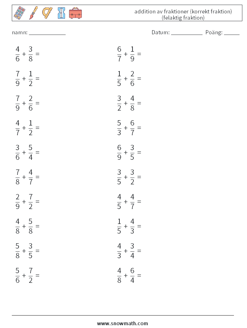(20) addition av fraktioner (korrekt fraktion) (felaktig fraktion) Matematiska arbetsblad 16