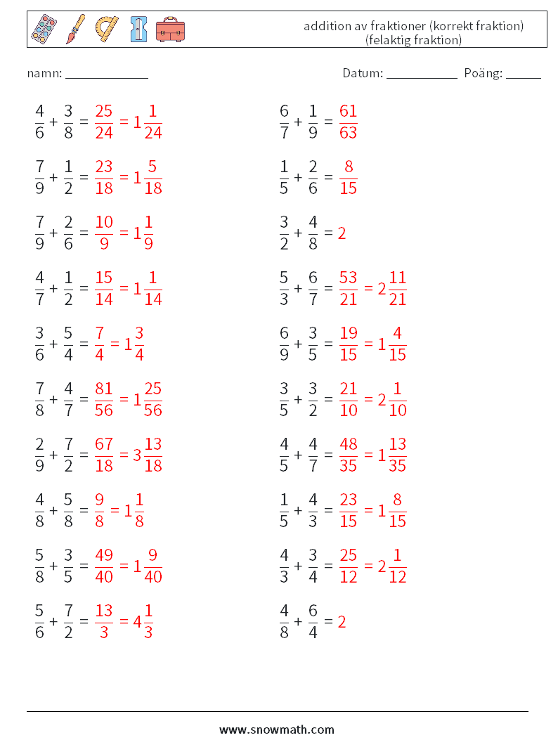 (20) addition av fraktioner (korrekt fraktion) (felaktig fraktion) Matematiska arbetsblad 16 Fråga, svar