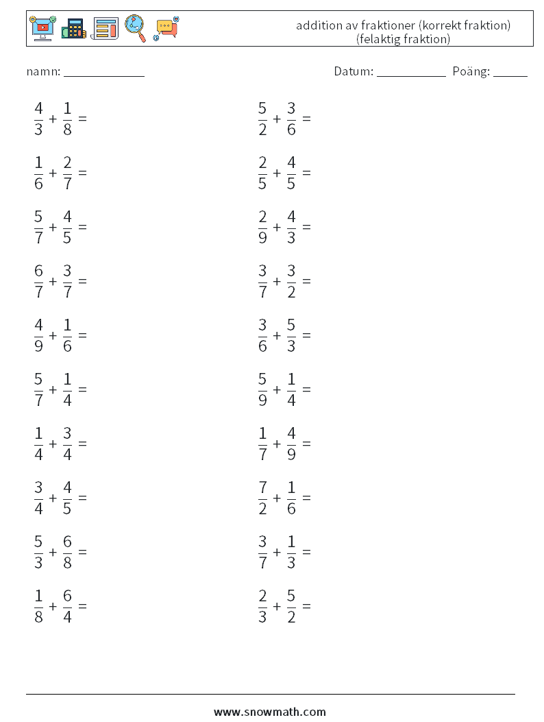 (20) addition av fraktioner (korrekt fraktion) (felaktig fraktion) Matematiska arbetsblad 17