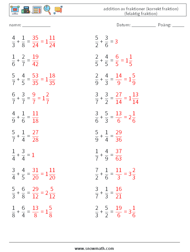 (20) addition av fraktioner (korrekt fraktion) (felaktig fraktion) Matematiska arbetsblad 17 Fråga, svar