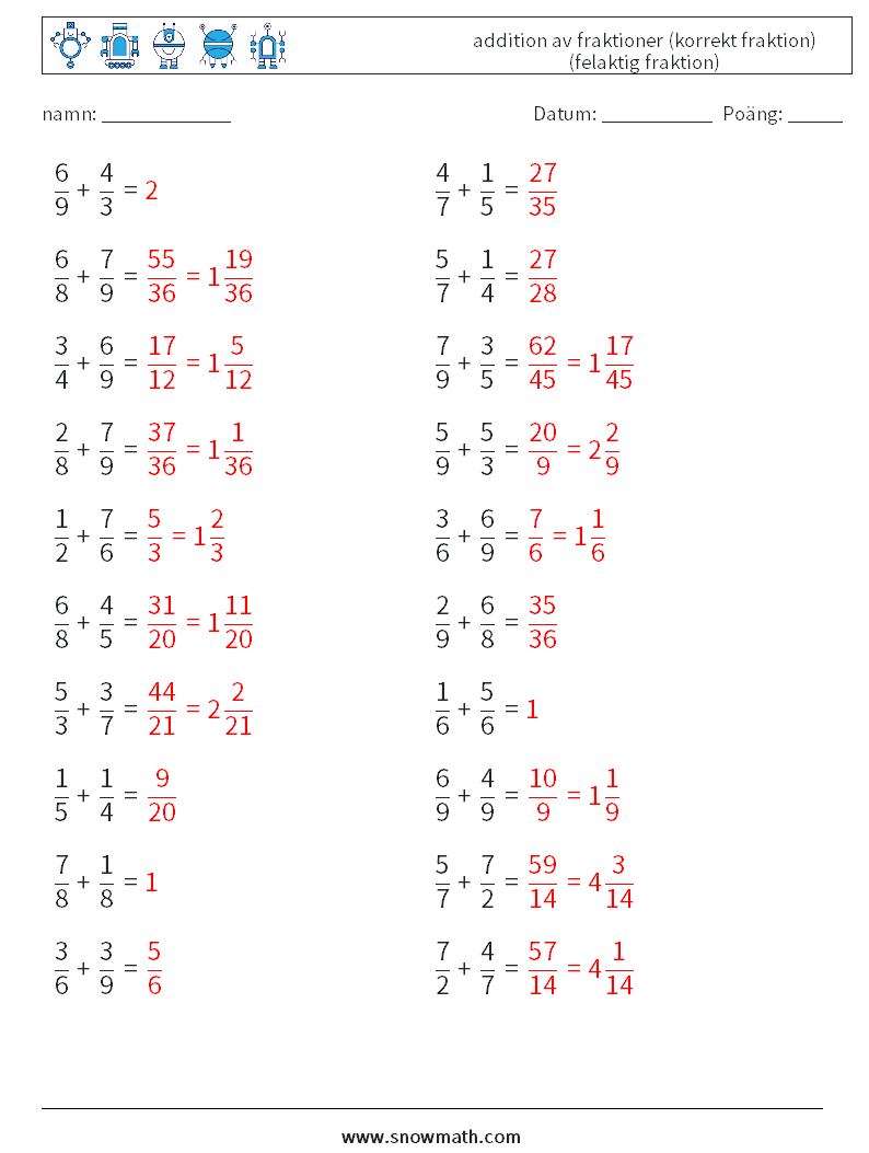 (20) addition av fraktioner (korrekt fraktion) (felaktig fraktion) Matematiska arbetsblad 18 Fråga, svar
