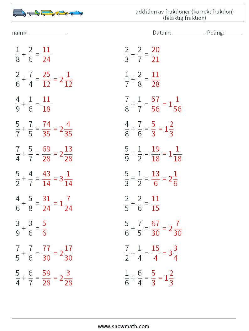 (20) addition av fraktioner (korrekt fraktion) (felaktig fraktion) Matematiska arbetsblad 1 Fråga, svar