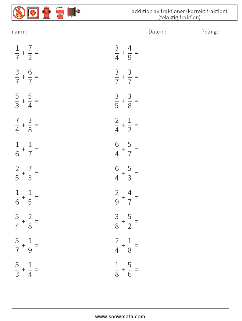 (20) addition av fraktioner (korrekt fraktion) (felaktig fraktion) Matematiska arbetsblad 2