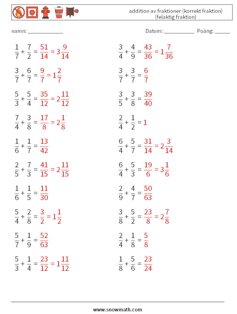 (20) addition av fraktioner (korrekt fraktion) (felaktig fraktion) Matematiska arbetsblad 2 Fråga, svar