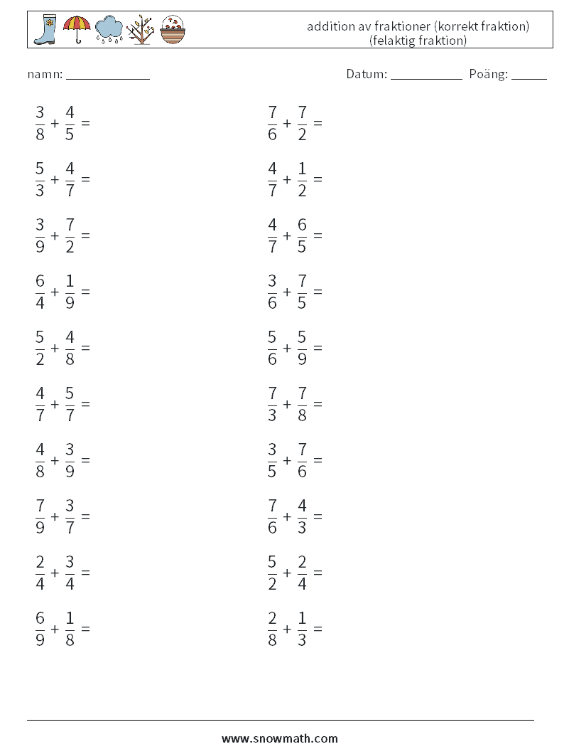(20) addition av fraktioner (korrekt fraktion) (felaktig fraktion) Matematiska arbetsblad 3