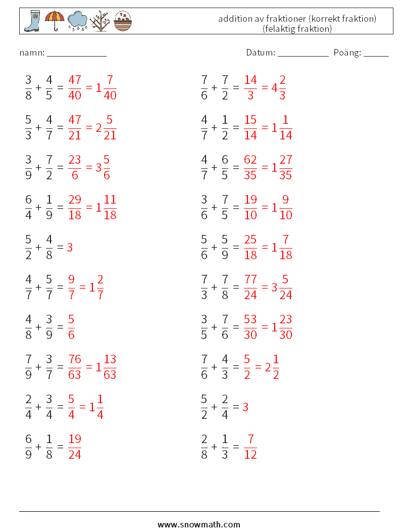 (20) addition av fraktioner (korrekt fraktion) (felaktig fraktion) Matematiska arbetsblad 3 Fråga, svar