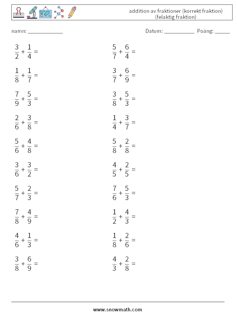 (20) addition av fraktioner (korrekt fraktion) (felaktig fraktion) Matematiska arbetsblad 4
