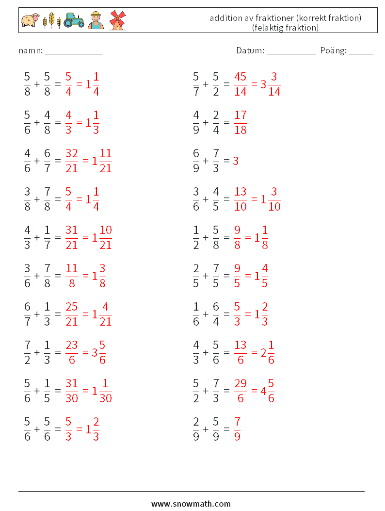 (20) addition av fraktioner (korrekt fraktion) (felaktig fraktion) Matematiska arbetsblad 5 Fråga, svar