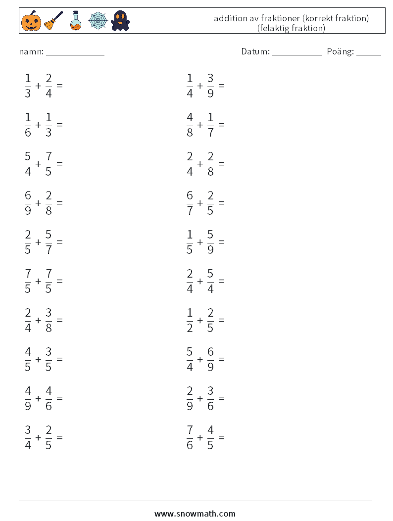 (20) addition av fraktioner (korrekt fraktion) (felaktig fraktion) Matematiska arbetsblad 6