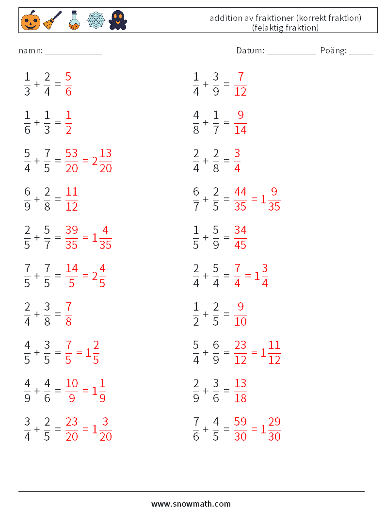 (20) addition av fraktioner (korrekt fraktion) (felaktig fraktion) Matematiska arbetsblad 6 Fråga, svar