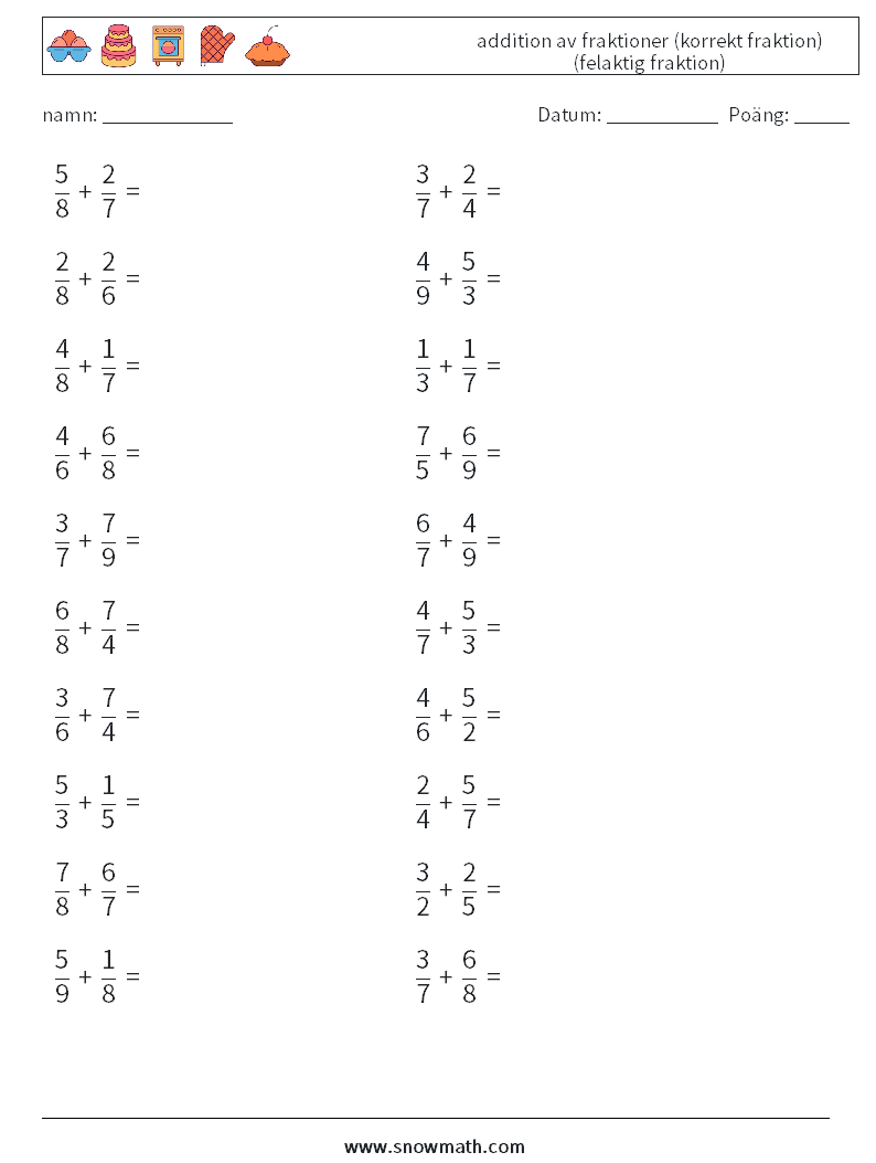 (20) addition av fraktioner (korrekt fraktion) (felaktig fraktion) Matematiska arbetsblad 7