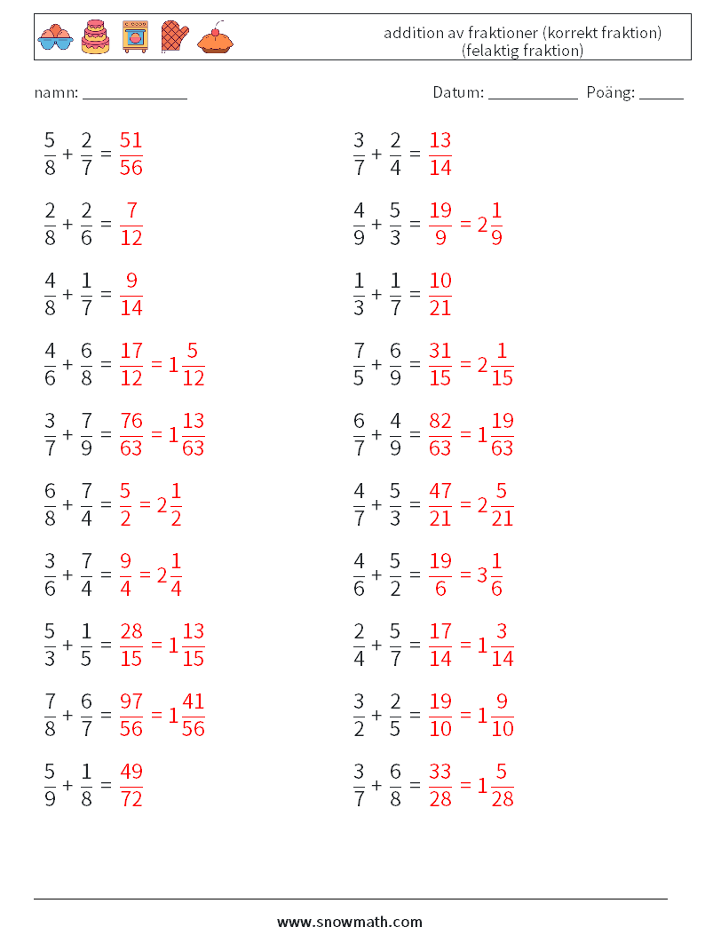 (20) addition av fraktioner (korrekt fraktion) (felaktig fraktion) Matematiska arbetsblad 7 Fråga, svar