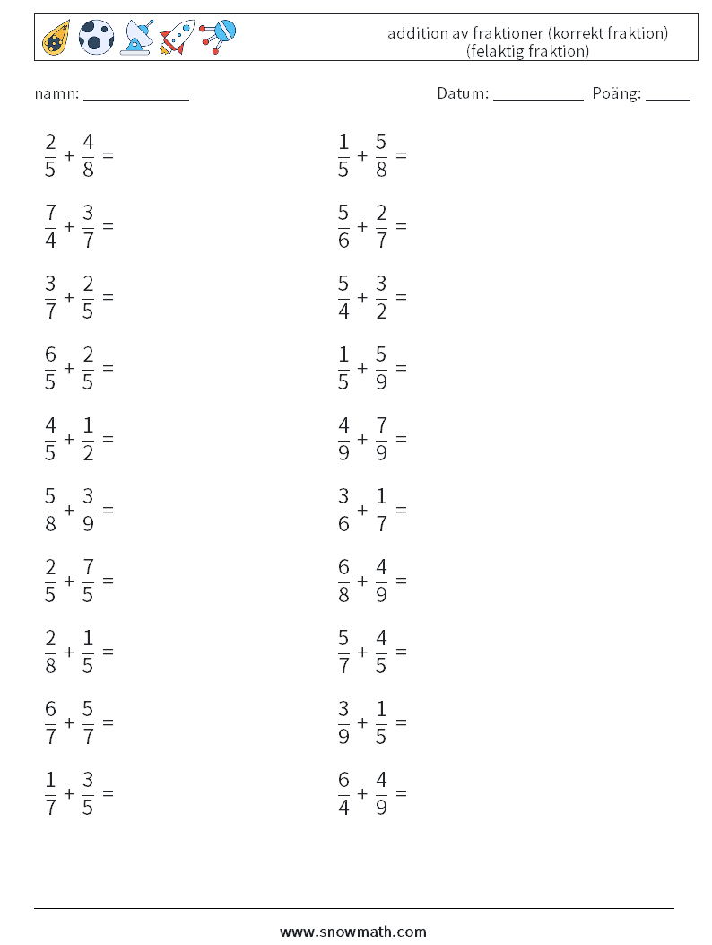 (20) addition av fraktioner (korrekt fraktion) (felaktig fraktion) Matematiska arbetsblad 8
