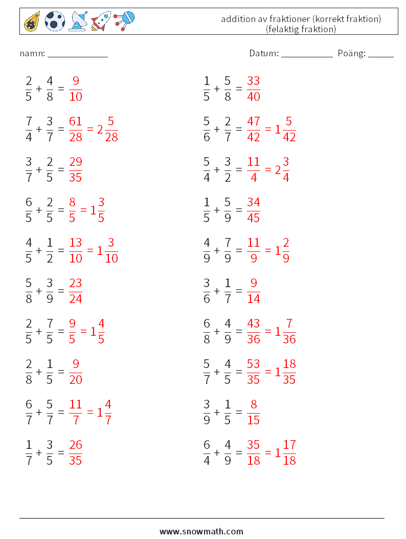 (20) addition av fraktioner (korrekt fraktion) (felaktig fraktion) Matematiska arbetsblad 8 Fråga, svar