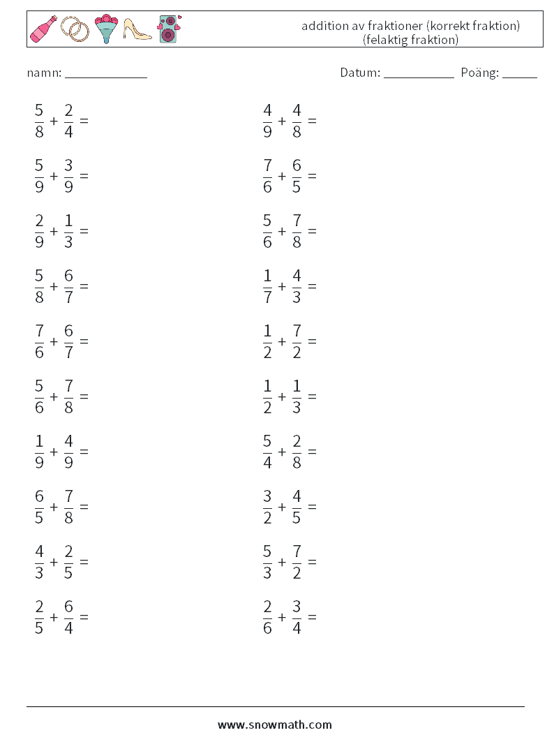 (20) addition av fraktioner (korrekt fraktion) (felaktig fraktion) Matematiska arbetsblad 9