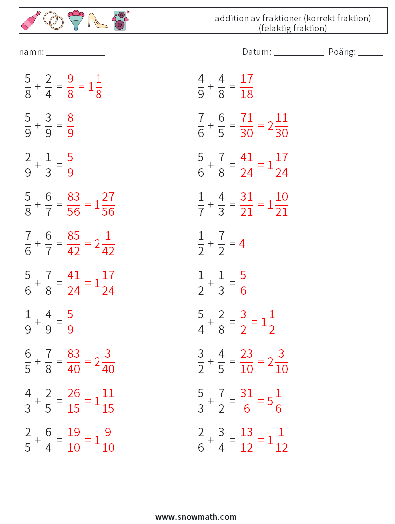 (20) addition av fraktioner (korrekt fraktion) (felaktig fraktion) Matematiska arbetsblad 9 Fråga, svar