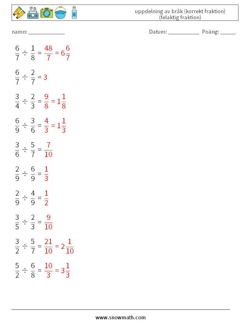 (10) uppdelning av bråk (korrekt fraktion) (felaktig fraktion) Matematiska arbetsblad 14 Fråga, svar
