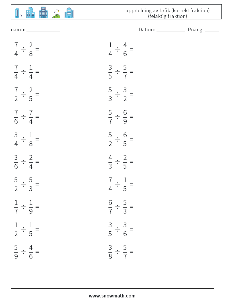 (20) uppdelning av bråk (korrekt fraktion) (felaktig fraktion) Matematiska arbetsblad 1