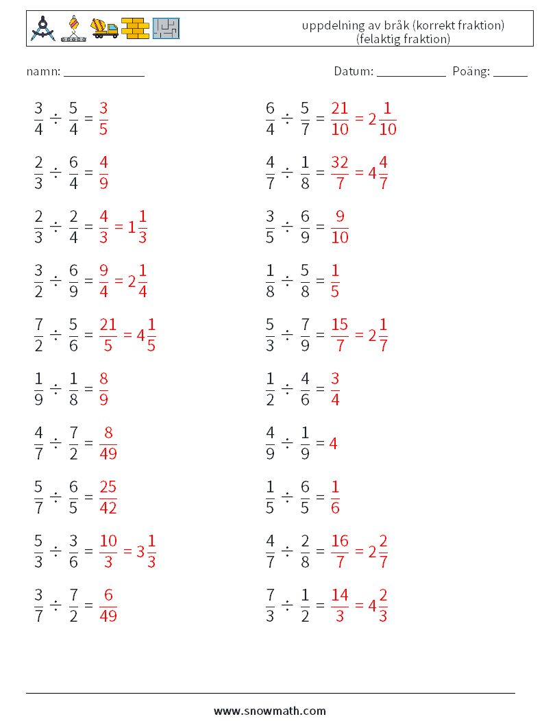 (20) uppdelning av bråk (korrekt fraktion) (felaktig fraktion) Matematiska arbetsblad 10 Fråga, svar