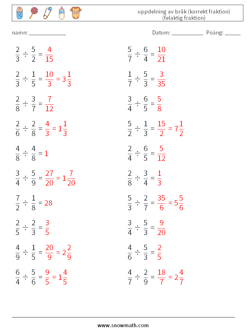 (20) uppdelning av bråk (korrekt fraktion) (felaktig fraktion) Matematiska arbetsblad 11 Fråga, svar