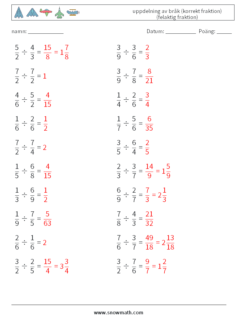 (20) uppdelning av bråk (korrekt fraktion) (felaktig fraktion) Matematiska arbetsblad 12 Fråga, svar