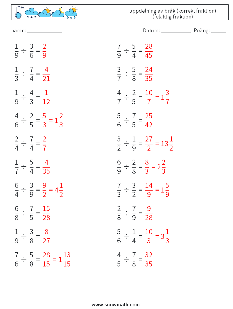 (20) uppdelning av bråk (korrekt fraktion) (felaktig fraktion) Matematiska arbetsblad 13 Fråga, svar