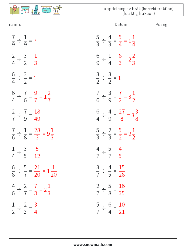 (20) uppdelning av bråk (korrekt fraktion) (felaktig fraktion) Matematiska arbetsblad 17 Fråga, svar