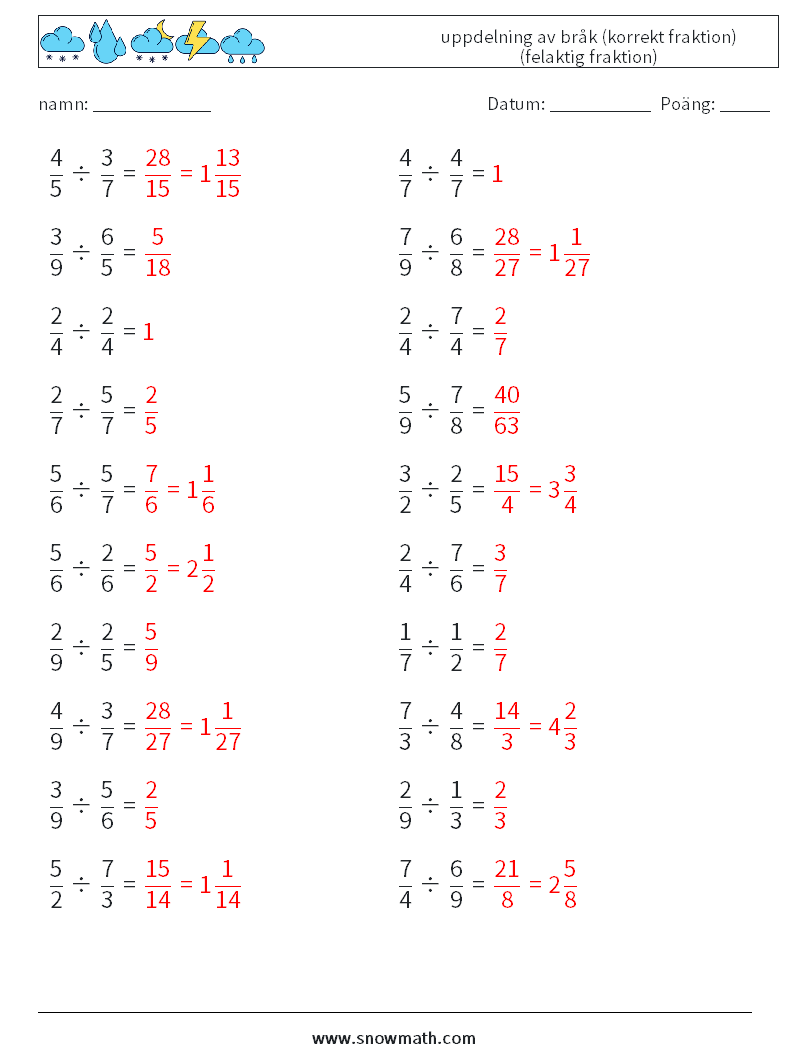 (20) uppdelning av bråk (korrekt fraktion) (felaktig fraktion) Matematiska arbetsblad 18 Fråga, svar