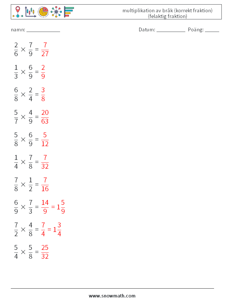 (10) multiplikation av bråk (korrekt fraktion) (felaktig fraktion) Matematiska arbetsblad 14 Fråga, svar