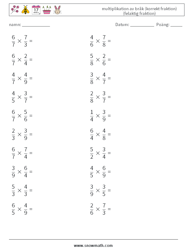 (20) multiplikation av bråk (korrekt fraktion) (felaktig fraktion) Matematiska arbetsblad 1