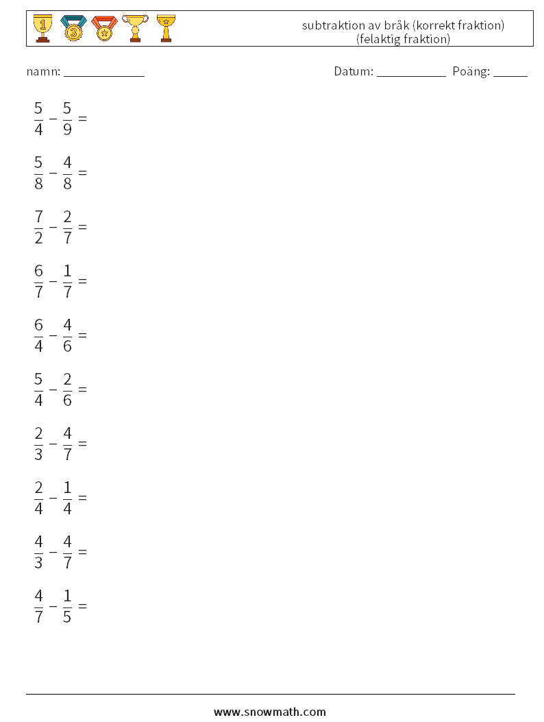 (10) subtraktion av bråk (korrekt fraktion) (felaktig fraktion) Matematiska arbetsblad 10