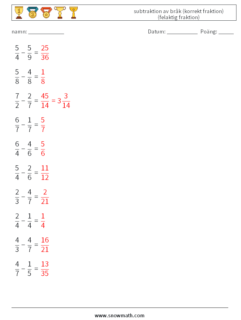 (10) subtraktion av bråk (korrekt fraktion) (felaktig fraktion) Matematiska arbetsblad 10 Fråga, svar