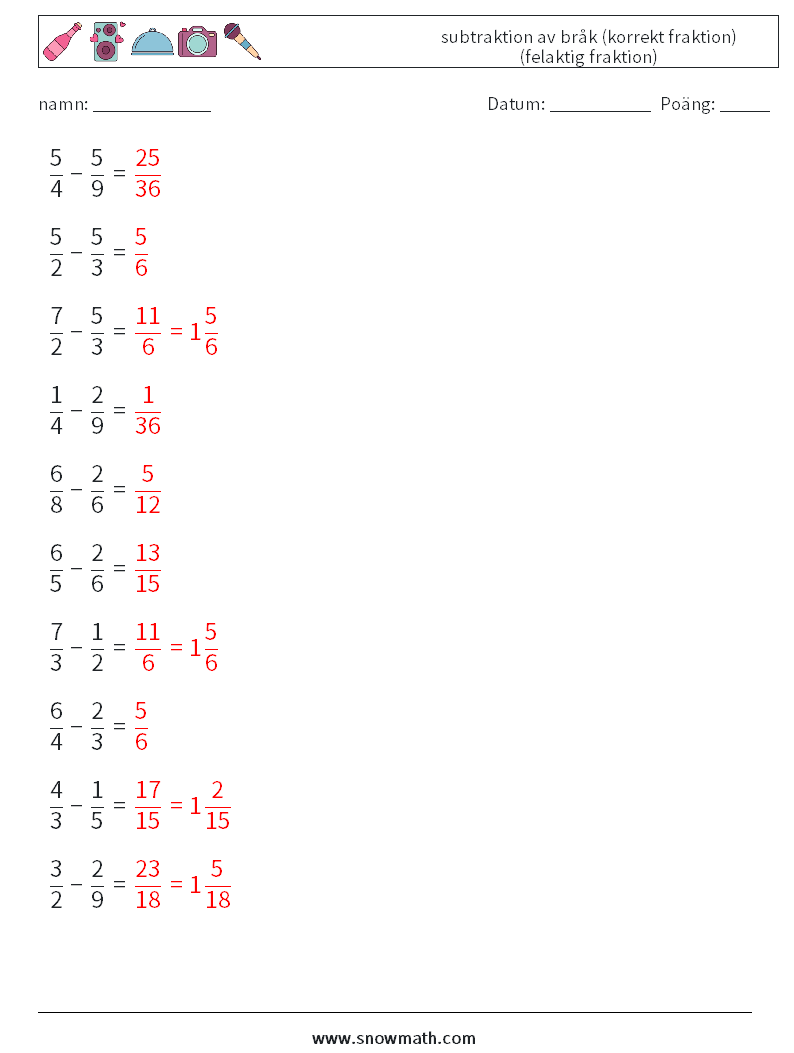 (10) subtraktion av bråk (korrekt fraktion) (felaktig fraktion) Matematiska arbetsblad 11 Fråga, svar