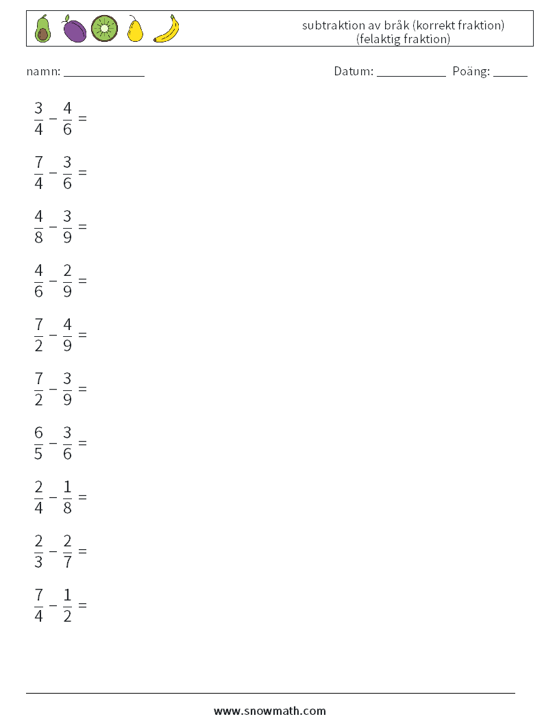 (10) subtraktion av bråk (korrekt fraktion) (felaktig fraktion) Matematiska arbetsblad 15