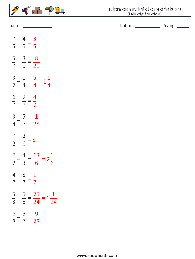 (10) subtraktion av bråk (korrekt fraktion) (felaktig fraktion) Matematiska arbetsblad 16 Fråga, svar