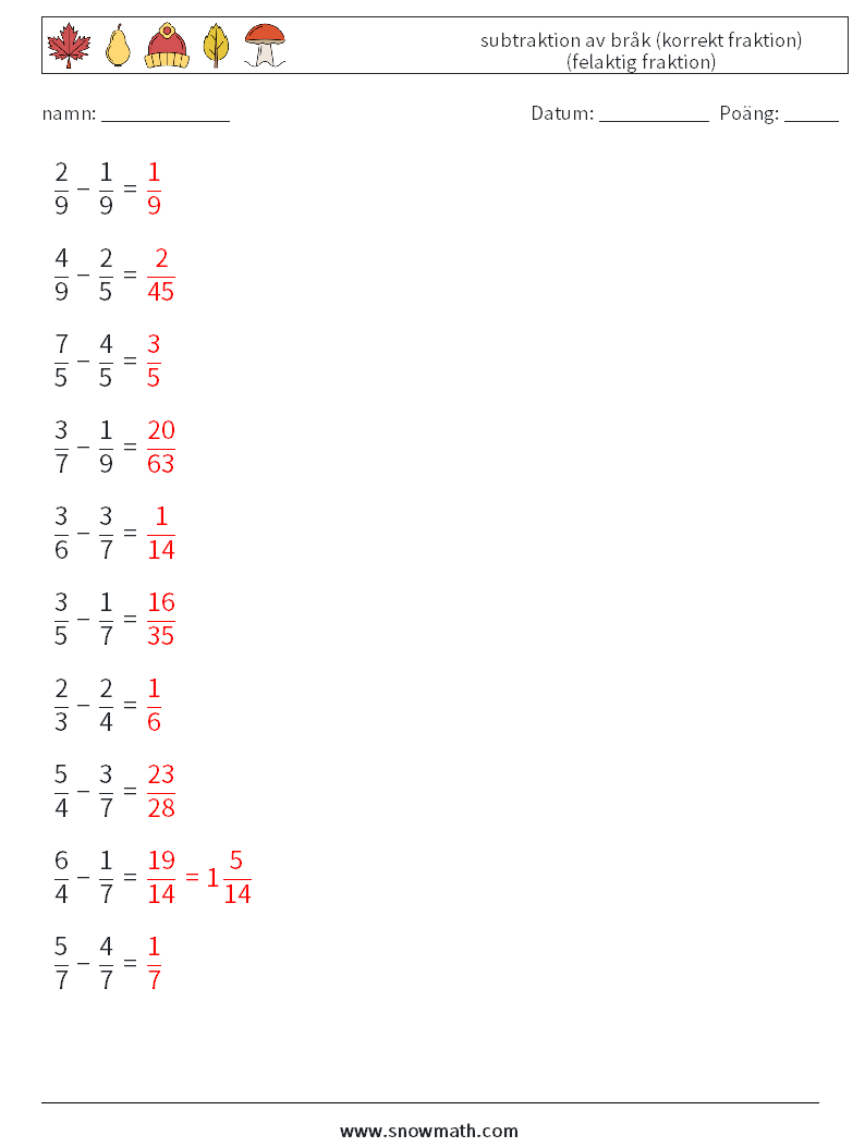 (10) subtraktion av bråk (korrekt fraktion) (felaktig fraktion) Matematiska arbetsblad 18 Fråga, svar