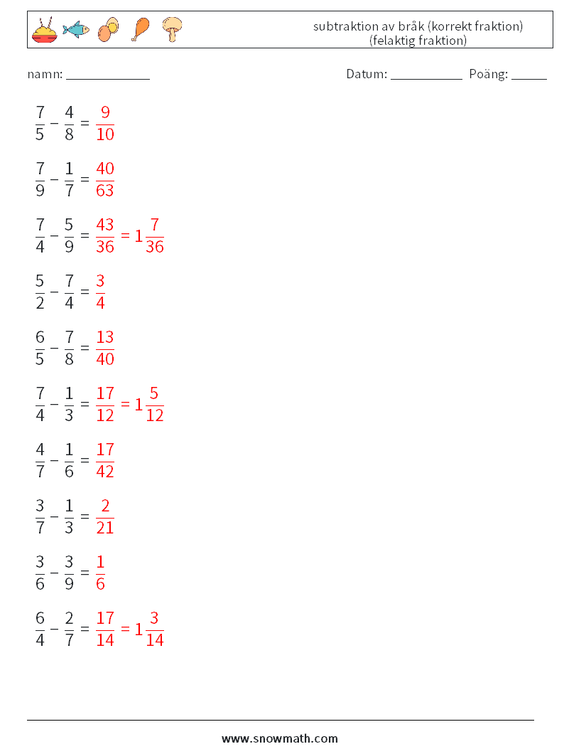 (10) subtraktion av bråk (korrekt fraktion) (felaktig fraktion) Matematiska arbetsblad 6 Fråga, svar