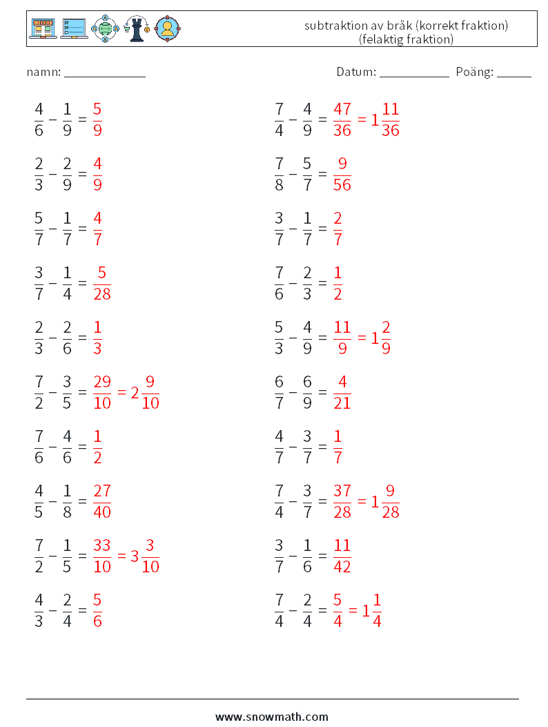(20) subtraktion av bråk (korrekt fraktion) (felaktig fraktion) Matematiska arbetsblad 10 Fråga, svar