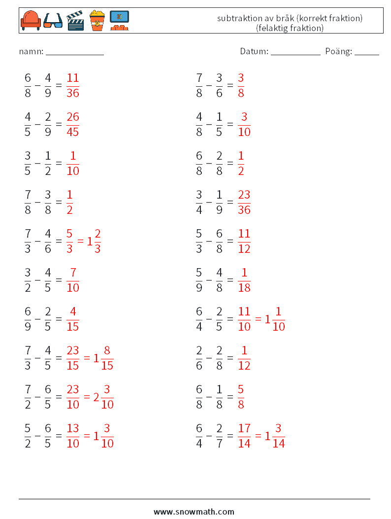 (20) subtraktion av bråk (korrekt fraktion) (felaktig fraktion) Matematiska arbetsblad 11 Fråga, svar
