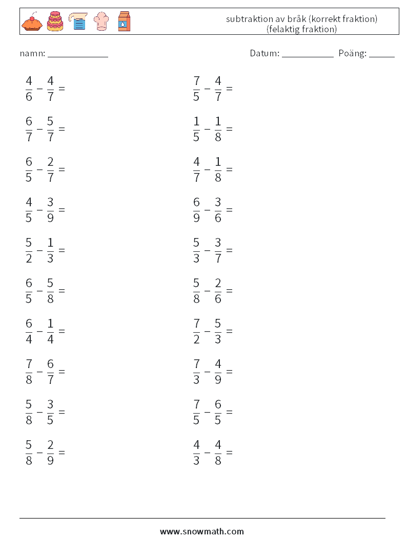 (20) subtraktion av bråk (korrekt fraktion) (felaktig fraktion) Matematiska arbetsblad 12