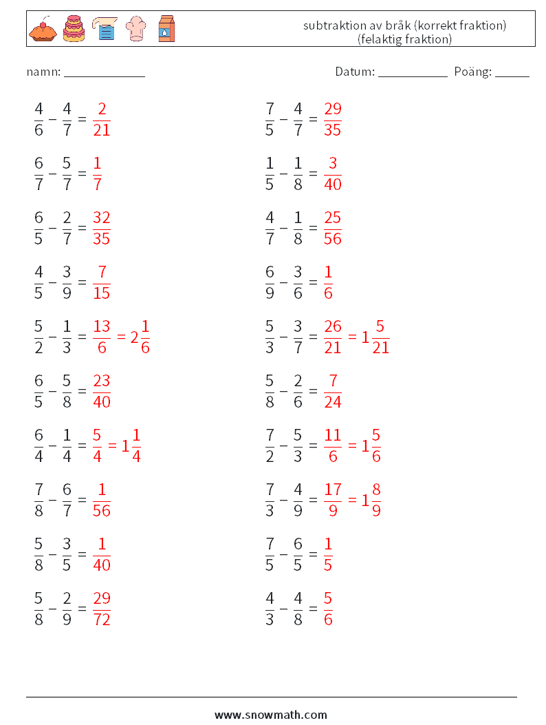 (20) subtraktion av bråk (korrekt fraktion) (felaktig fraktion) Matematiska arbetsblad 12 Fråga, svar