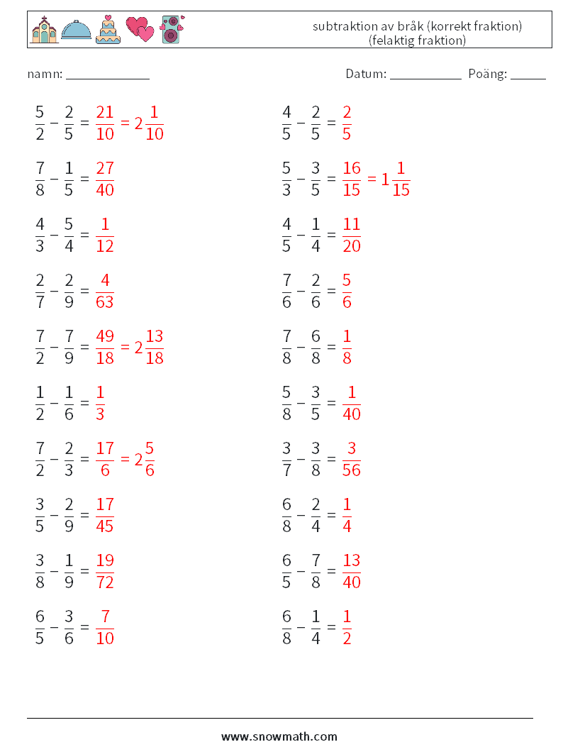 (20) subtraktion av bråk (korrekt fraktion) (felaktig fraktion) Matematiska arbetsblad 13 Fråga, svar