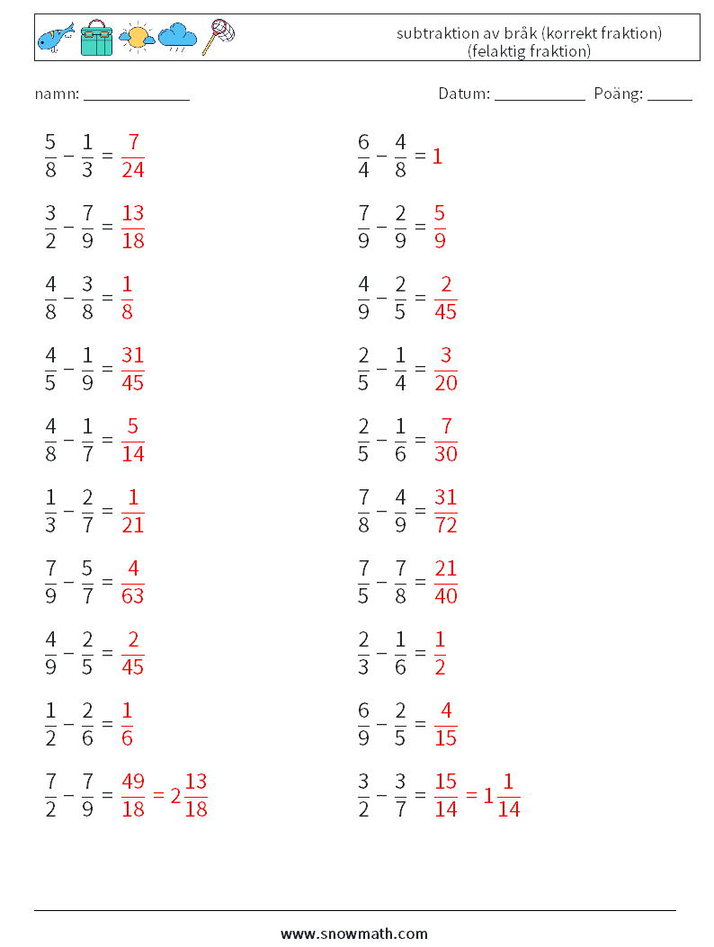 (20) subtraktion av bråk (korrekt fraktion) (felaktig fraktion) Matematiska arbetsblad 14 Fråga, svar