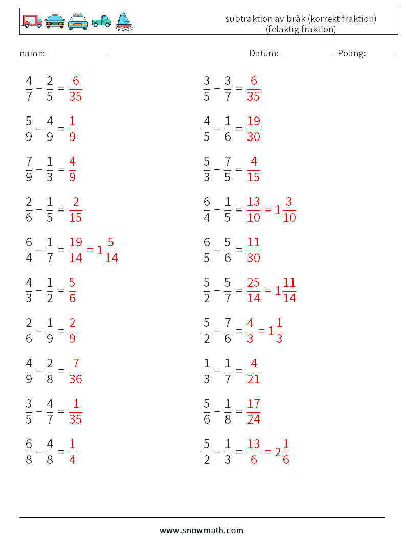 (20) subtraktion av bråk (korrekt fraktion) (felaktig fraktion) Matematiska arbetsblad 15 Fråga, svar