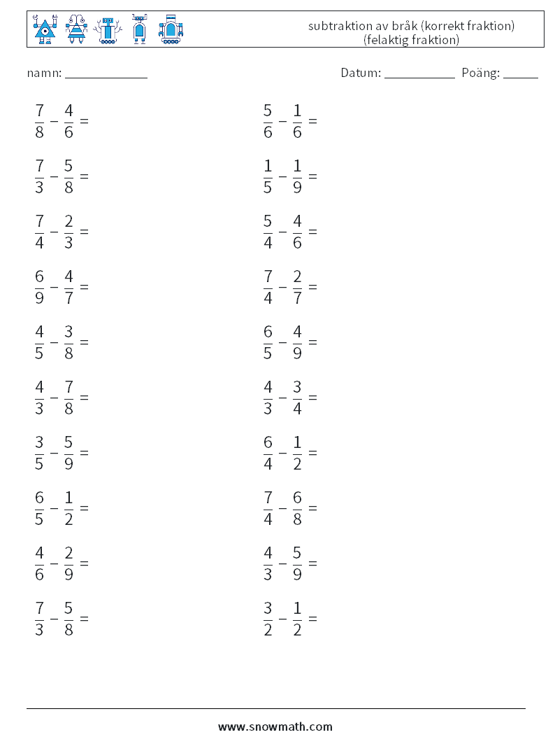 (20) subtraktion av bråk (korrekt fraktion) (felaktig fraktion) Matematiska arbetsblad 16